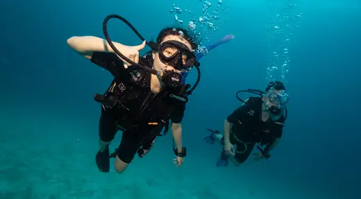 Fun diver swimming beneath a huge school of fish during a Koh Tao fun dive with Echo Divers.
