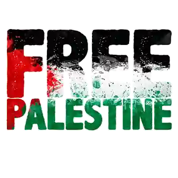 “FREE PALESTINE” text in Palestine flag colours with a paint-splatter texture and white outline.