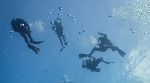 Echo Divers Koh Tao divers smiling underwater during a training dive, giving thumbs up and shaka hand signals in clear blue water, Koh Tao, Thailand